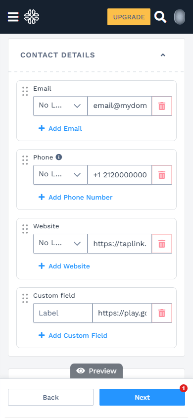 Content blocks available in the Uniqode digital business card maker