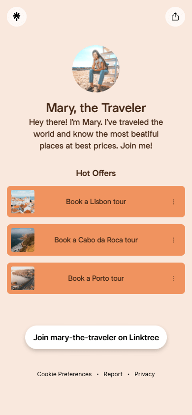 A travel blogger’s bio link page built with Linktree