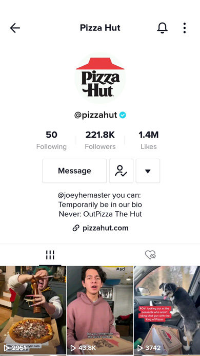 Pizza Hut's TikTok profile page with a logo, text and link in bio, videos