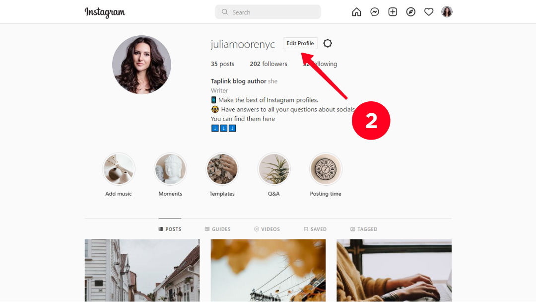 Tapping Edit profile on an Instagram profile page on a computer