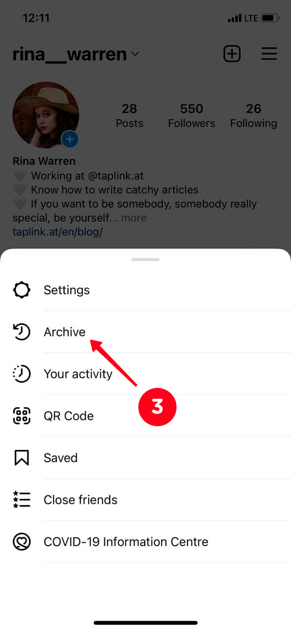 Choosing Archive on the list in the Instagram app