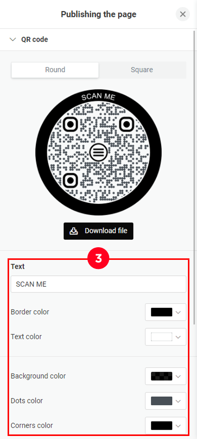 QR code settings highlighted in the digital business card QR code window