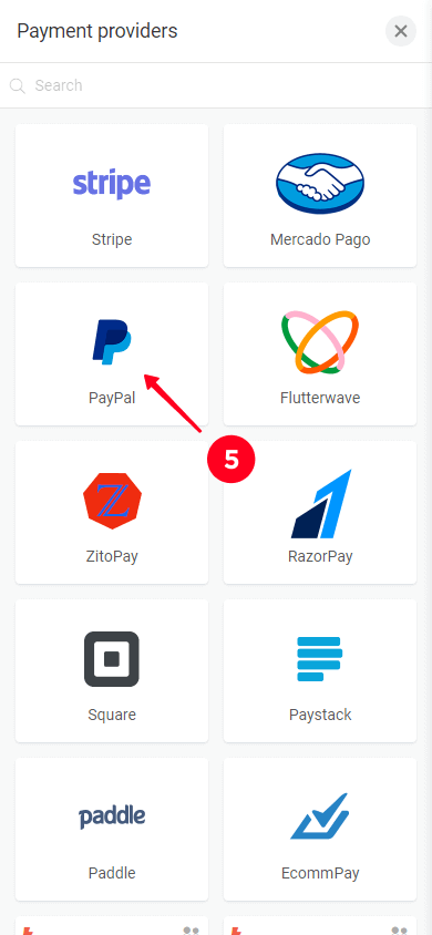 Selecting PayPal on the Payment providers page in the Taplink website builder