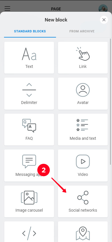 Choosing Social networks on the list of Taplink blocks