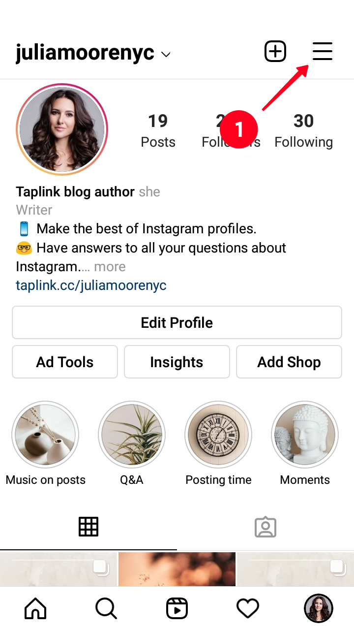 Opening settings in the Instagram profile tab in the smartphone app