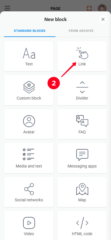 Selecting the Link block in the block library
