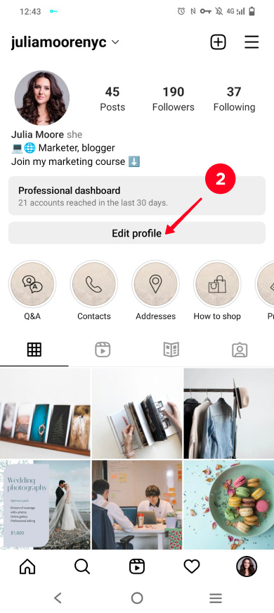 Tapping Edit profile on an Instagram page