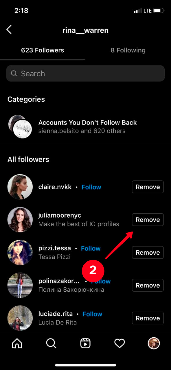 Tapping the Remove button next to a username on the list of Instagram followers