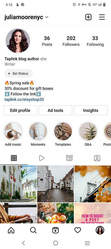 Instagram profile page of an Etsy seller