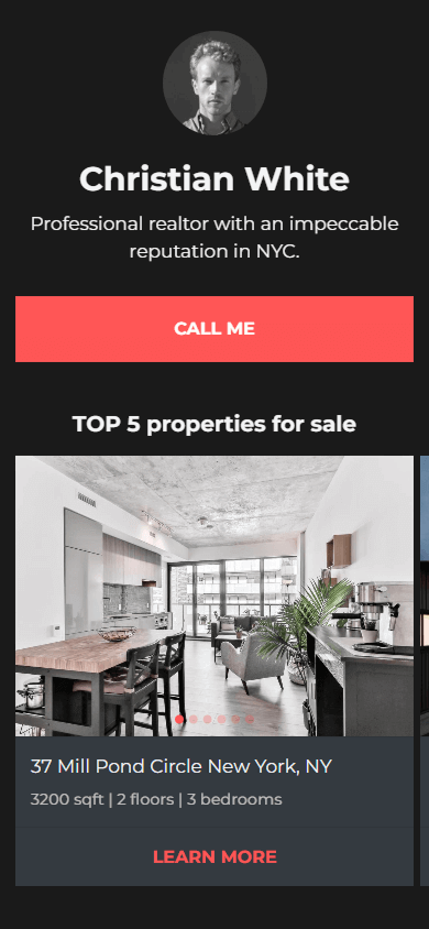 Taplink-built real estate agent’s page displaying a profile image, text, button, and an image carousel