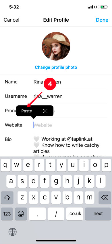Pasting Spotify song link in the Instagram profile settings