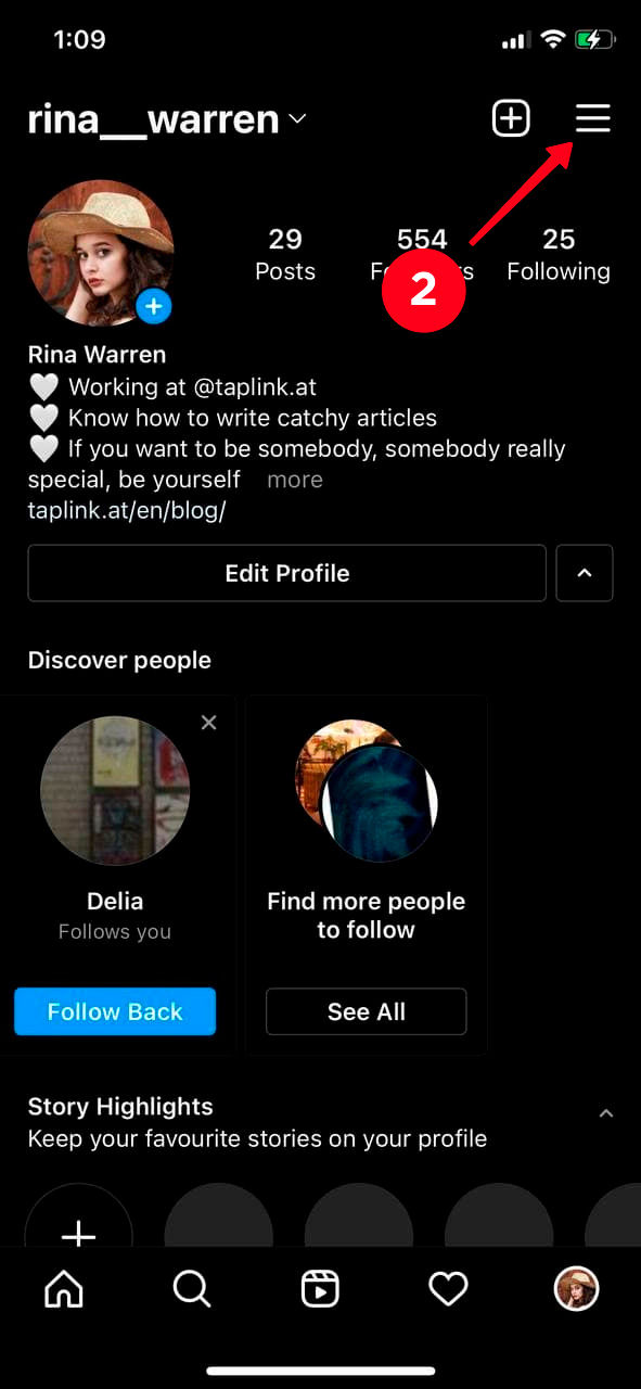 Tapping the hamburger menu on an Instagram profile page