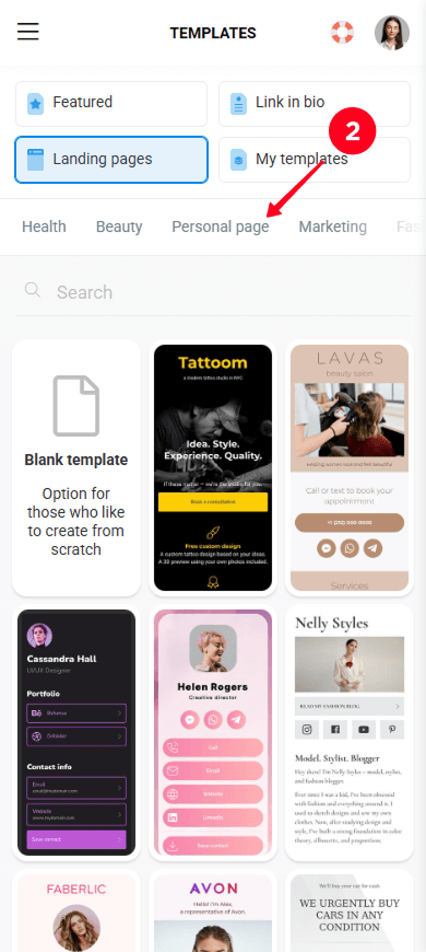 Navigating to the Personal page category in the template library of Taplink