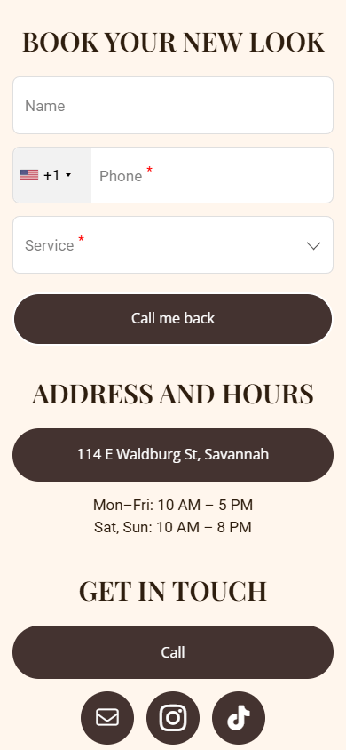 Bottom of the link in bio page for hair business displaying headlines, a booking form, buttons, and text