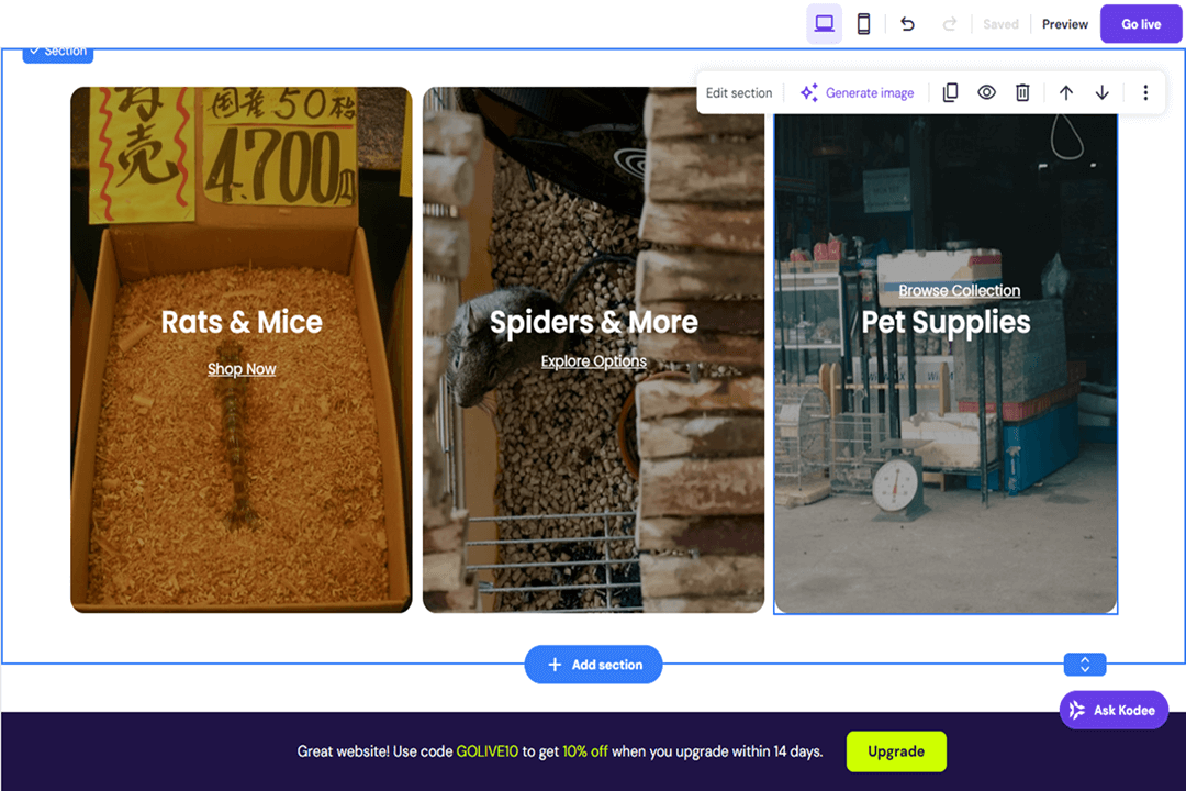 A website editor in the Hostinger AI website creator
