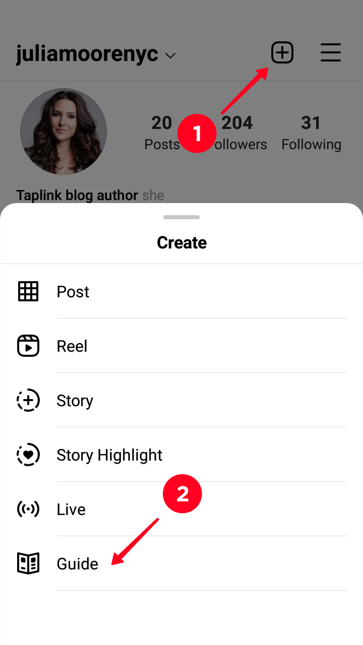 Tapping the plus on an Instagram profile page and choosing Guide in the menu