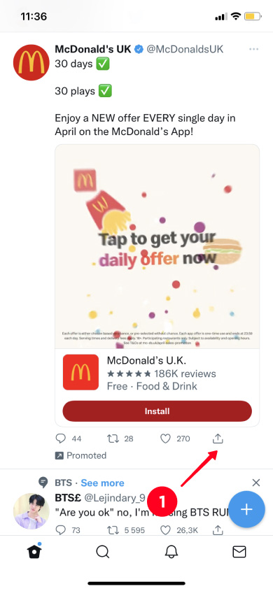 Tapping the share icon under a Tweet on the Twitter profile page