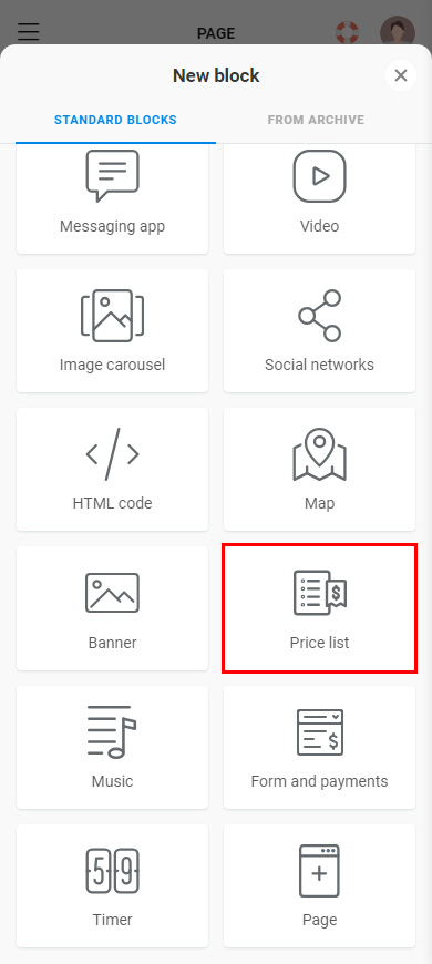 Highlighted Price list on the list of Taplink blocks