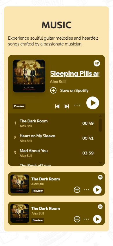 Middle section of the musician’s Tap Bio-style page created with Taplink and featuring a music album and individual tracks