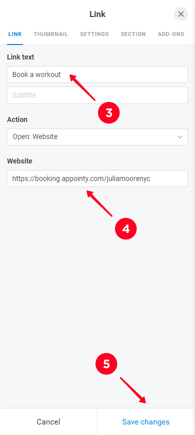 Adding a text and URL in the button settings
