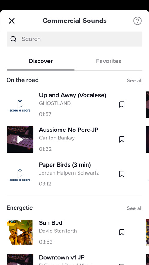Song categories in the music menu in the TikTok phone app