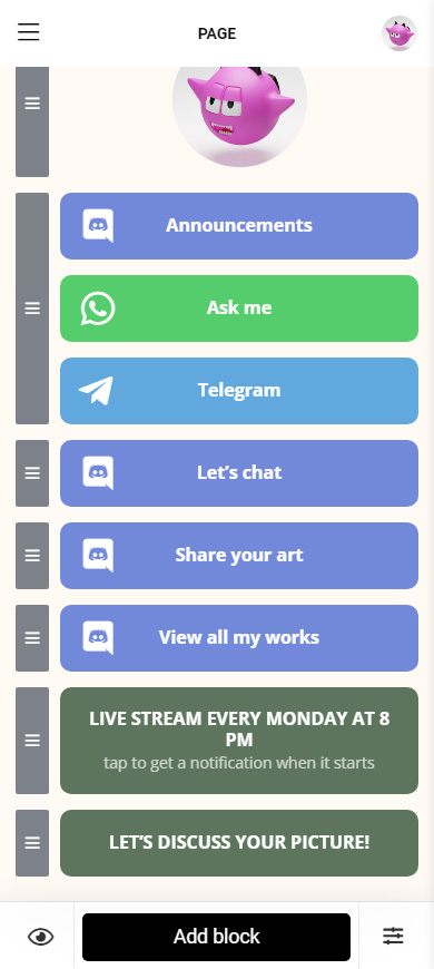 Discord, messaging app and website page links on a Taplink page in the editor