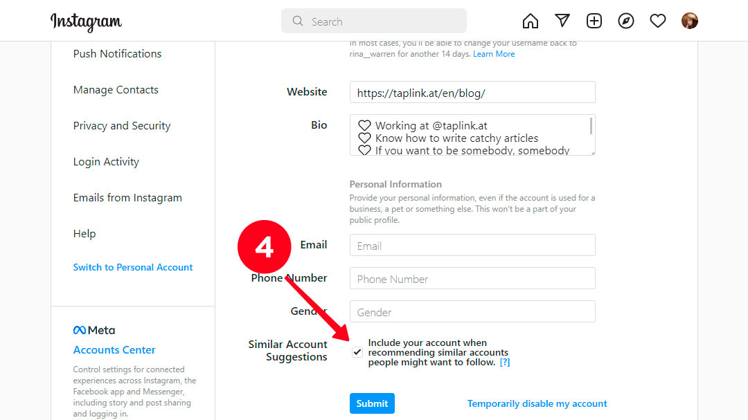 Unchecking the box near the Similar Account Suggestions feature on the Instagram desktop site