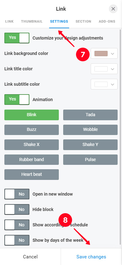 Adjusted settings in the Settings tab of a Link block on Taplink