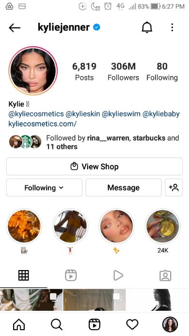 Instagram profile of Kylie Jenner who falls in the mega-influencer category