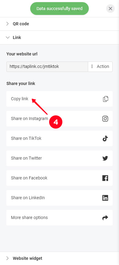 Copying the page link in the Taplink publishing menu