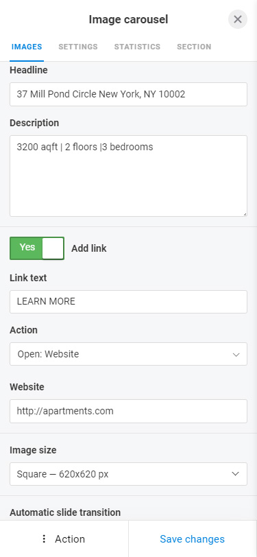 Image carousel settings in the Taplink editor