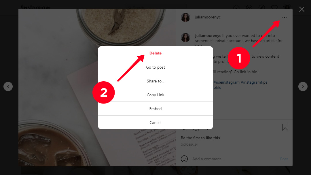Clicking the three-dot menu of an Instagram post and choosing Delete on a computer