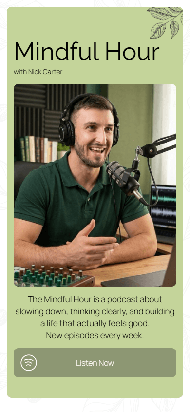 Top section of the Taplink-built podcaster’s page made in Tap Bio style