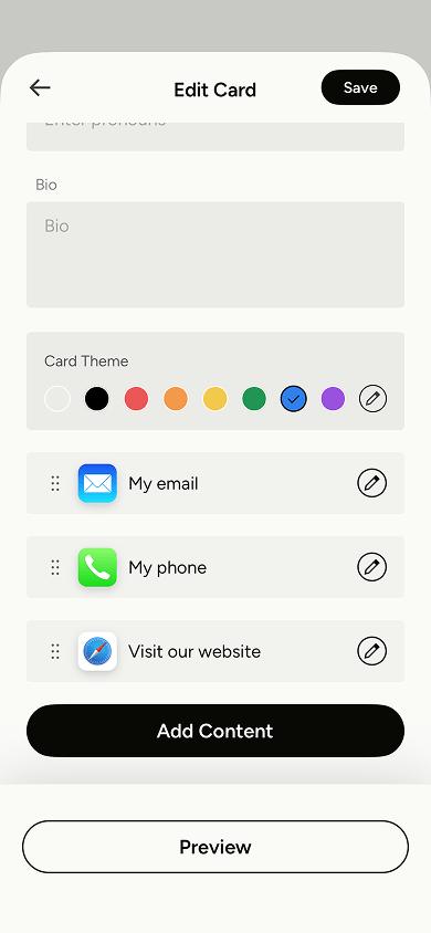 Digital business card design and content settings in Popl