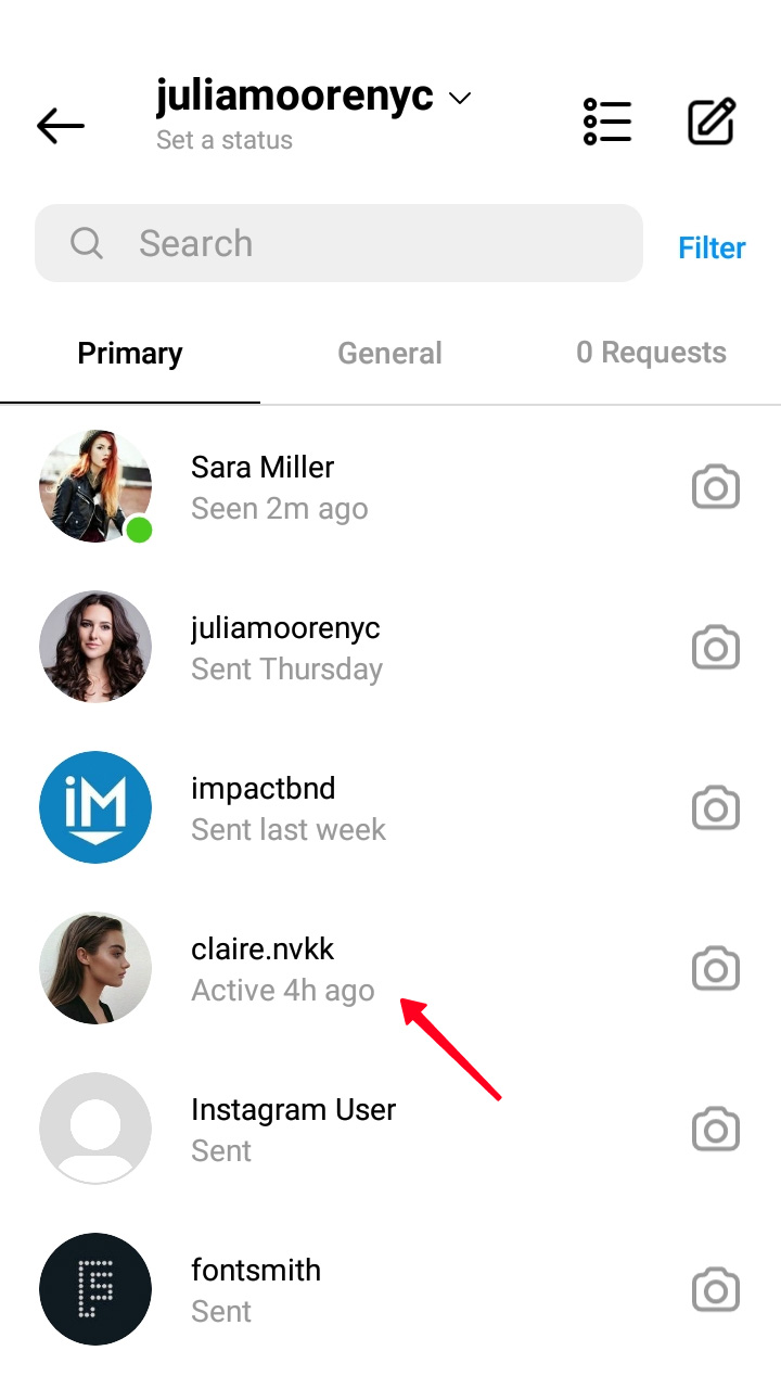 Highlighted last activity status on the list of chats in Instagram DM