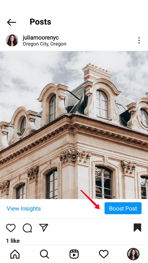 Highlighted Boost Post button under an Instagram post