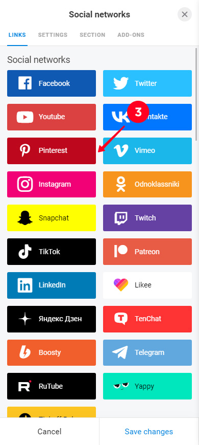 Selecting Pinterest on the list of social platforms