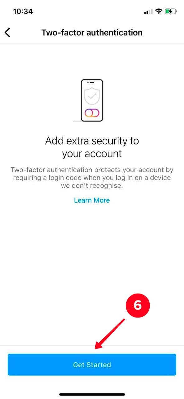 Tapping Get Started in the Instagram settings