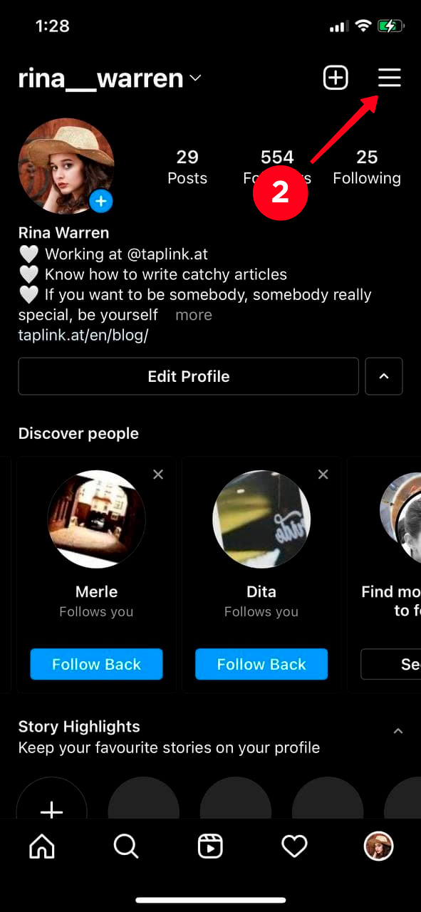 Tapping the hamburger menu on an Instagram profile page