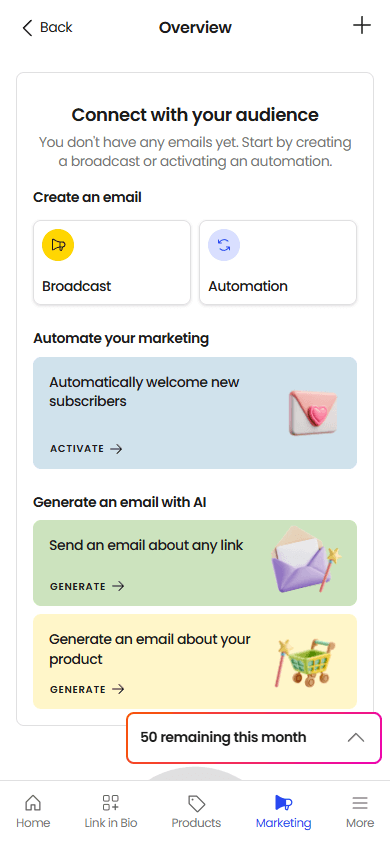 Email marketing tools available in the Beacons link in bio tool
