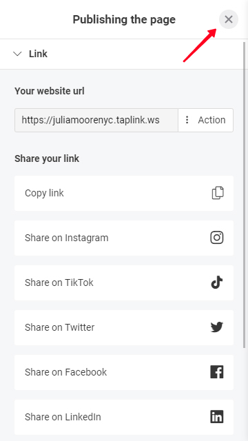 Uscire dal menu di pubblicazione del sito web su Taplink