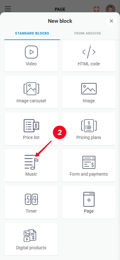 Selecting the Music block in the content block library
