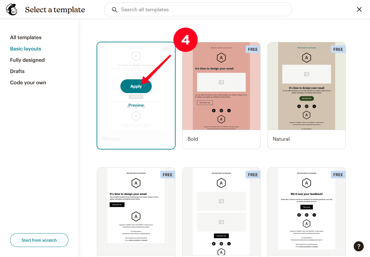 Clicking Apply on the template selection page in Mailchimp