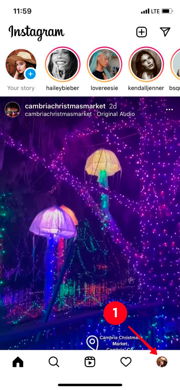 Switching to the profile tab in the Instagram app