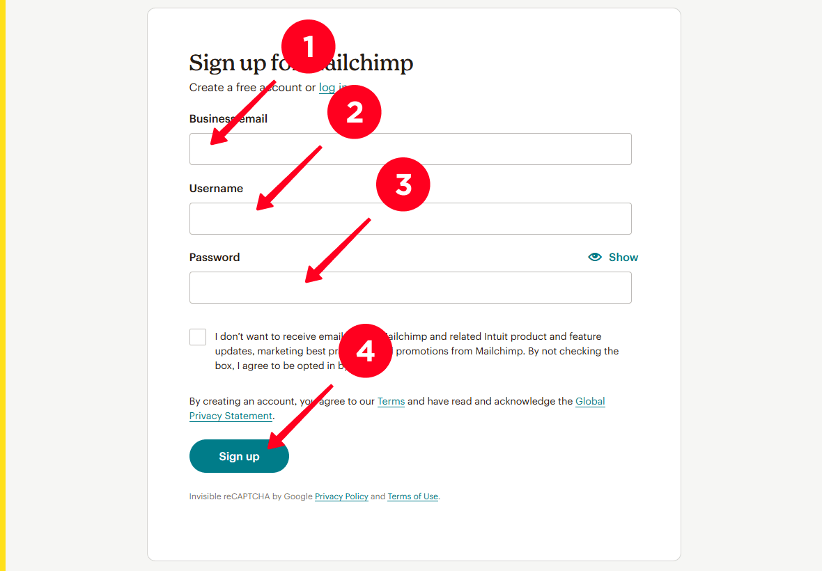 Entering a business email, a username, a password and clicking Sign up on the Mailchimp sign-up page