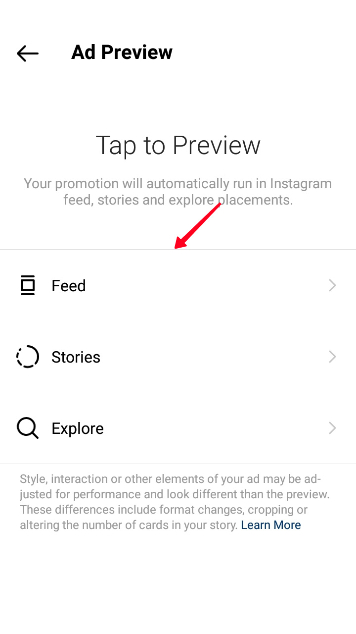 Highlighted list with the Feed, Stories, Explore options in the Ad Preview menu