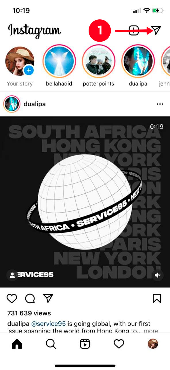 Tapping the paper plane icon in the feed in the Instagram app