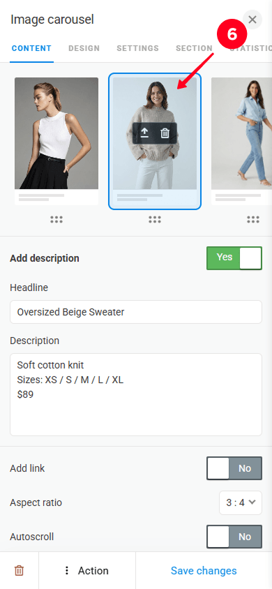 Selecting another product slide to edit in the clothing catalog