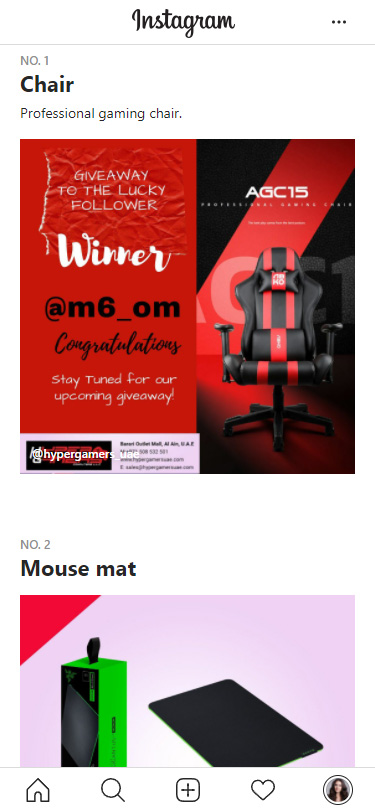 Post about a chair for video gamers in an Instagram guide