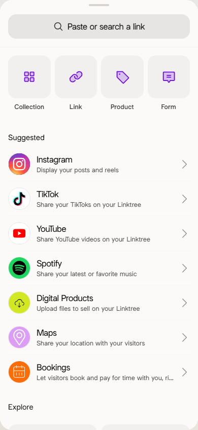 Suggested content blocks in the Linktree link in bio tool